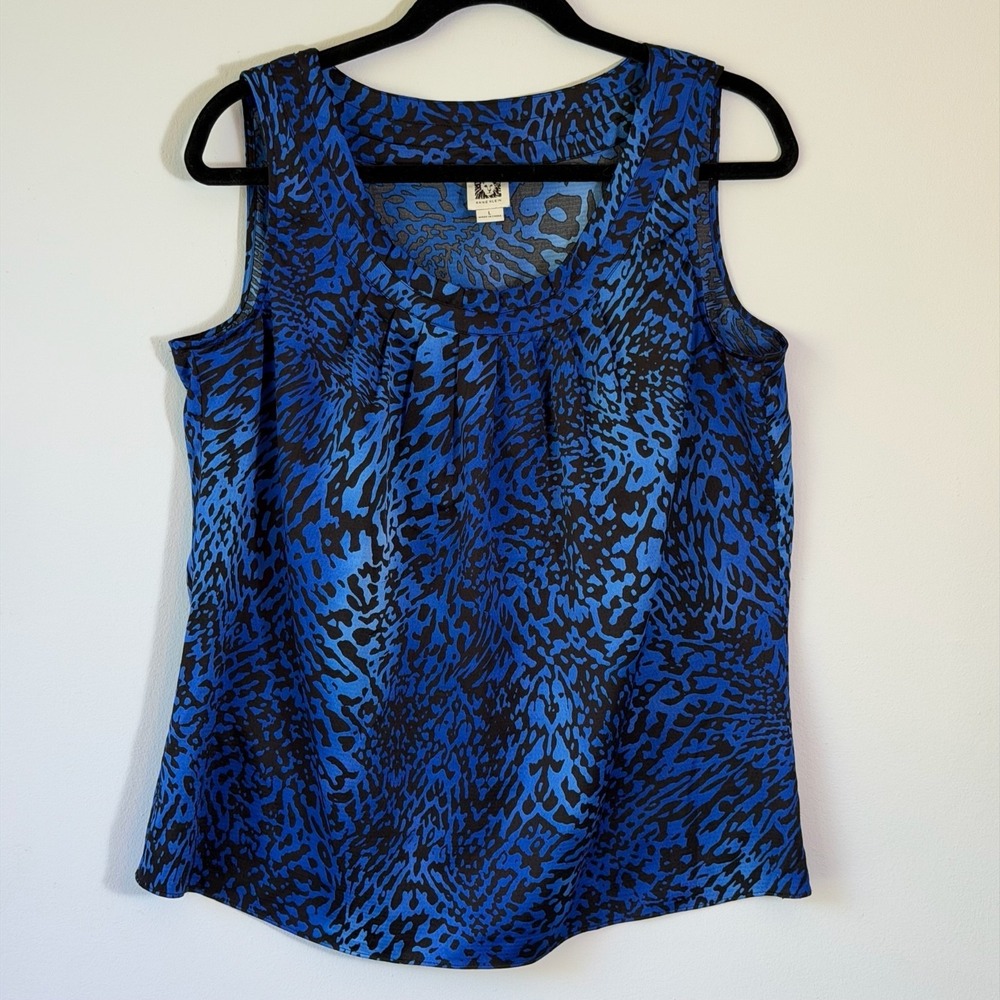 Anne Klein Sleeveless Blouse Tank Top‎ Blue Black Animal Print Silky Flowy Large